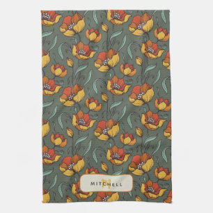 Retro-Blumenmuster in Grün, Gold und Orange, perso Geschirrtuch