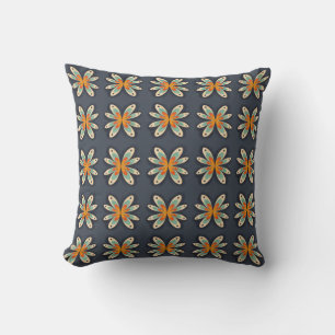 Retro-Blumenmuster in Orange und Marineblau Kissen