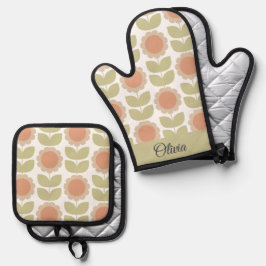 Retro-Blumenmuster in Pastellrosa aus der Mitte de Ofenhandschuh & Topflappen-Set