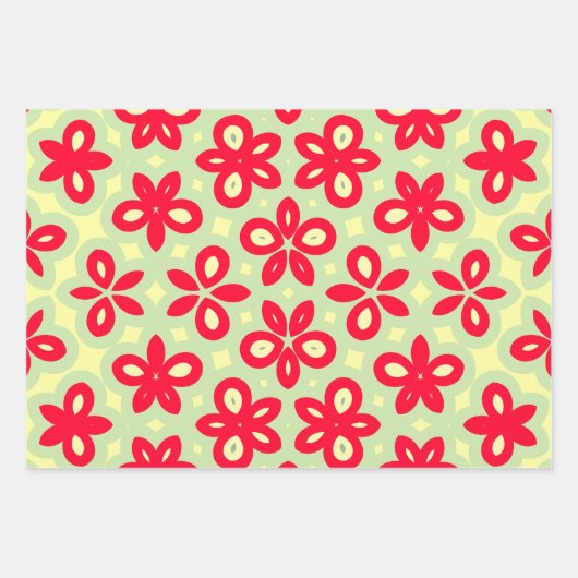 Retro Blumenmuster in Rot, Creme und Minzgrün Geschenkpapier Set (Vorderseite 3)
