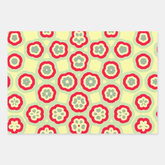 Retro Blumenmuster in Rot, Creme und Minzgrün Geschenkpapier Set (Vorderseite 2)