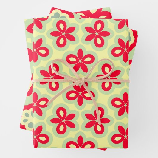 Retro Blumenmuster in Rot, Creme und Minzgrün Geschenkpapier Set (Beispiel)