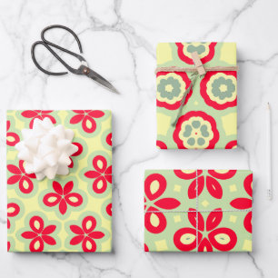 Retro Blumenmuster in Rot, Creme und Minzgrün Geschenkpapier Set