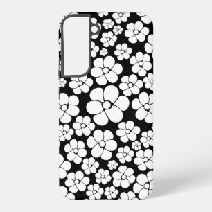 Retro-Blumenmuster in Weiß auf Schwarz Samsung Galaxy Hülle