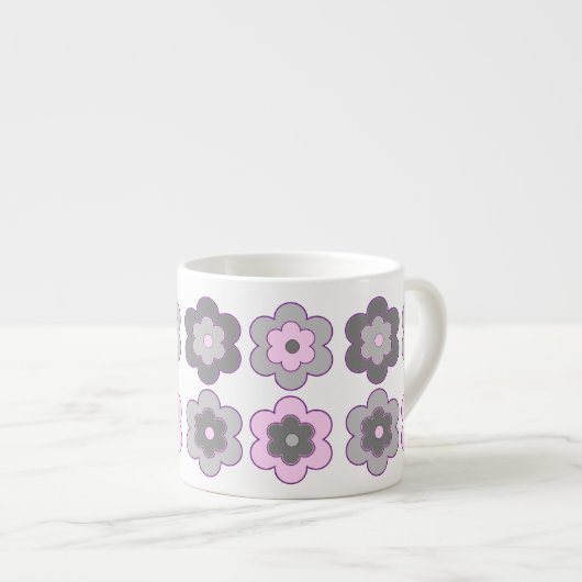 Retro-Blumenmuster mit Blasen (rosa und grau) Espressotasse (Vorderseite Rechts)