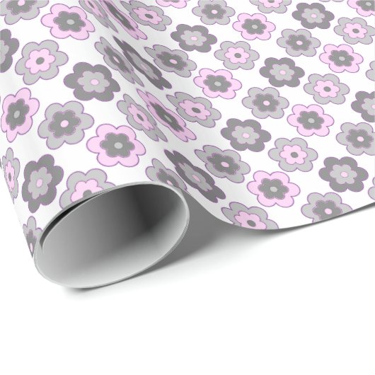 Retro-Blumenmuster mit Blasen (rosa und grau) Geschenkpapier (Rolleneckpunkt)