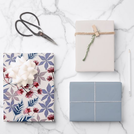 Retro-Blumenmuster mit rosa, bordeauxfarbenen Blum Geschenkpapier Set (Vorderseite)