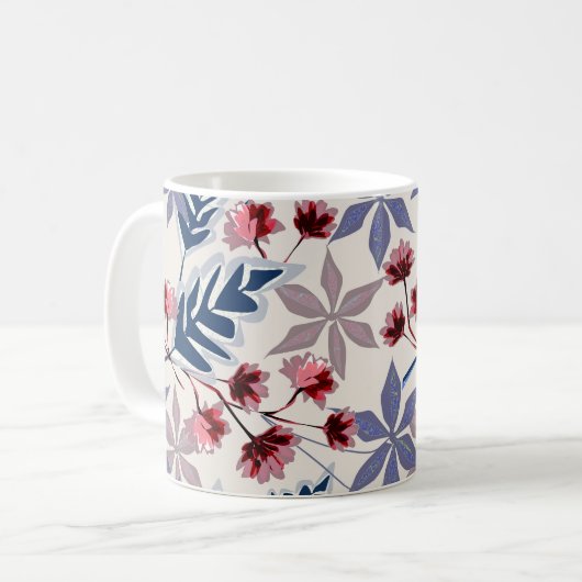 Retro-Blumenmuster mit rosa, bordeauxfarbenen Blum Kaffeetasse (Vorderseite Links)
