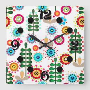 Retro, Blumenmuster Quadratische Wanduhr