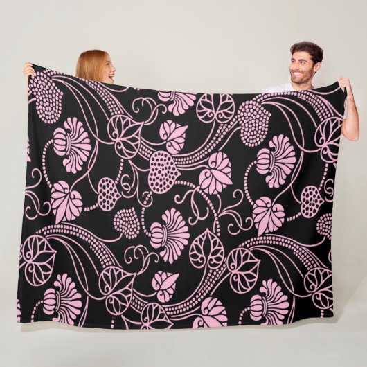Retro-Blumenmuster Rosa auf Schwarz Fleecedecke (Beispiel)