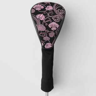 Retro-Blumenmuster Rosa auf Schwarz Golf Headcover