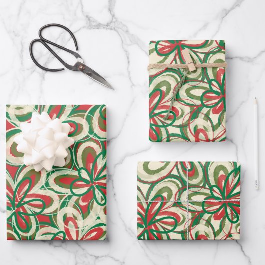 Retro Blumenmuster Rot Grün bemalt Weihnachten Ret Geschenkpapier Set (Vorderseite)
