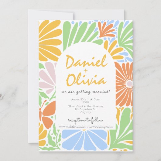 Retro Blumenrahmen farbenfrohe Hochzeit Einladung (Vorderseite)