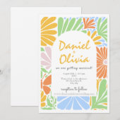 Retro Blumenrahmen farbenfrohe Hochzeit Einladung (Vorne/Hinten)