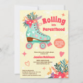 Retro Blumenwalzenlaufbahn boho Babydusche Einladung (Vorderseite)