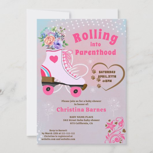 Retro Blumenwalzenlaufbahn boho Babydusche Einladung (Vorderseite)