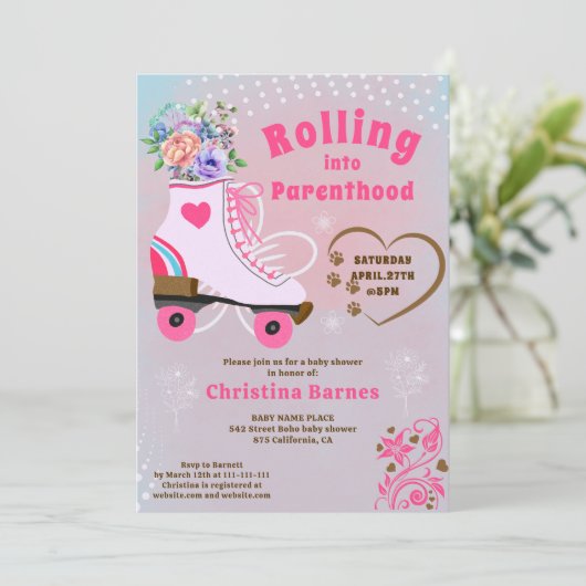 Retro Blumenwalzenlaufbahn boho Babydusche Einladung (Stehend Vorderseite)