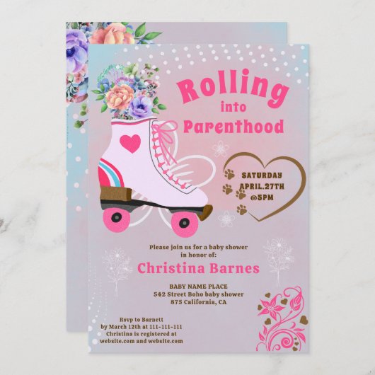 Retro Blumenwalzenlaufbahn boho Babydusche Einladung (Vorne/Hinten)