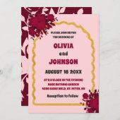 Retro Blush Burgundy Floral Gold Arschrahmen Einladung (Vorne/Hinten)