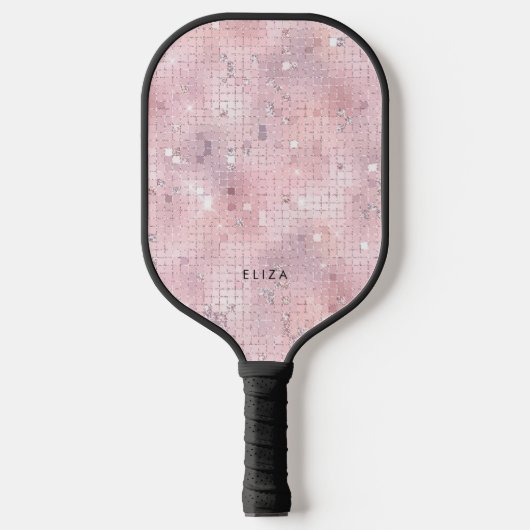 Retro Blush Pink Disco Mirror | Monogramm Pickleball Schläger (Vorderseite)