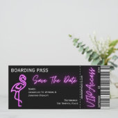 Retro Boarding Pass Neon Flamingo Save the Date Einladung (Stehend Vorderseite)