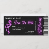 Retro Boarding Pass Neon Flamingo Save the Date Einladung (Vorderseite)