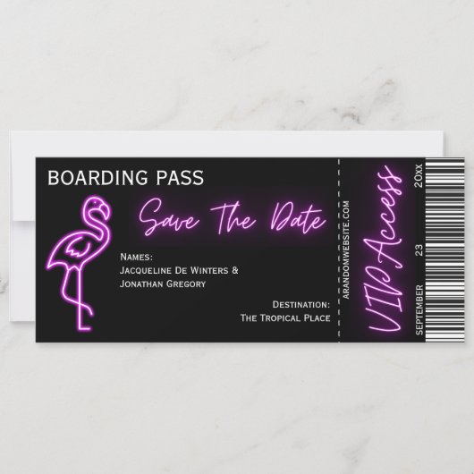 Retro Boarding Pass Neon Flamingo Save the Date Einladung (Vorderseite)
