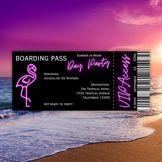 Retro Boarding Pass Neon Flamingo Summer Day Party Einladung
