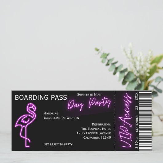 Retro Boarding Pass Neon Flamingo Summer Day Party Einladung (Stehend Vorderseite)