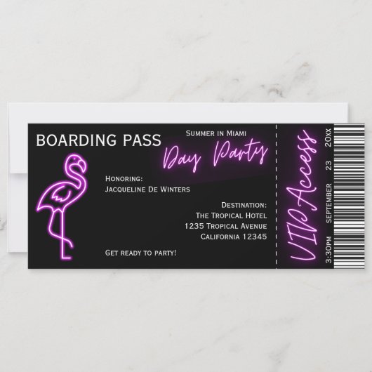 Retro Boarding Pass Neon Flamingo Summer Day Party Einladung (Vorderseite)