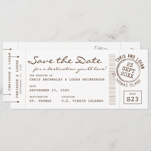 Retro Boarding Pass & Passport Briefmarke Save the Ankündigung (Vorne/Hinten)