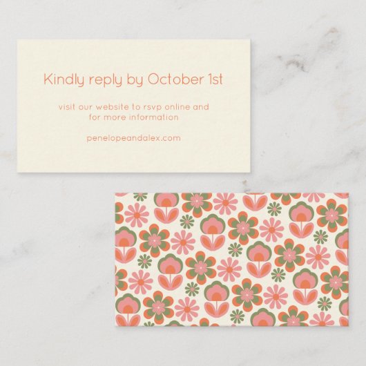 Retro Boho 70er Blume Pink Green Wedding RSVP Begleitkarte (Vorne/Hinten)
