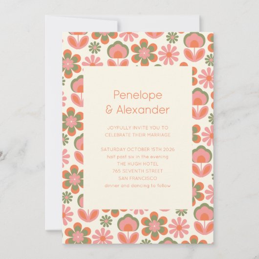 Retro Boho 70er Blume Rosa Grüne Hochzeit Einladung (Vorderseite)