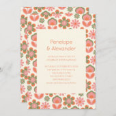 Retro Boho 70er Blume Rosa Grüne Hochzeit Einladung (Vorne/Hinten)