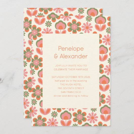 Retro Boho 70er Blume Rosa Grüne Hochzeit Einladung (Vorne/Hinten)