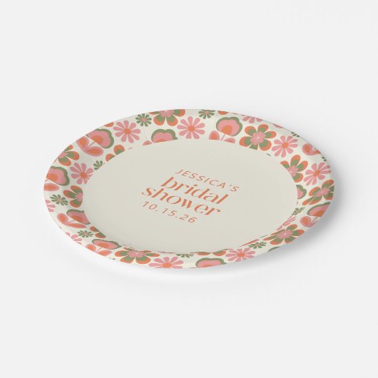 Retro Boho 70er Blume Rosa grünes Brautparty Pappteller (Schrägansicht)