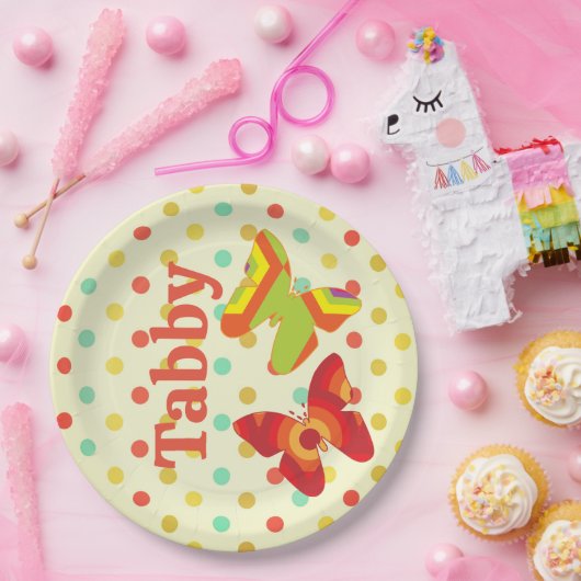 Retro boho 70er Streifen Polka Dot Schmetterlingor Pappteller (Party)