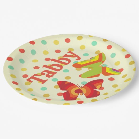 Retro boho 70er Streifen Polka Dot Schmetterlingor Pappteller (Schrägansicht)