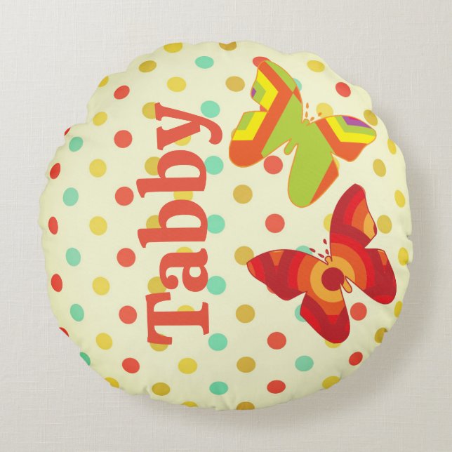 Retro boho 70er Streifen Polka Dot Schmetterlingor Rundes Kissen (Vorderseite)