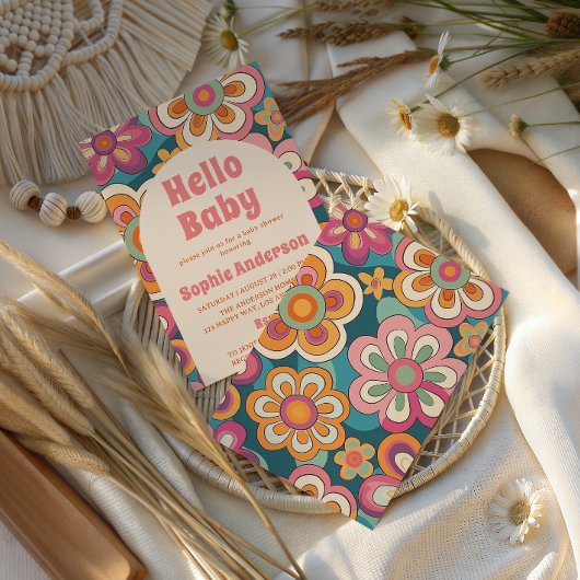 Retro Boho 70s Groovy Floral Baby Shower    Einladung
