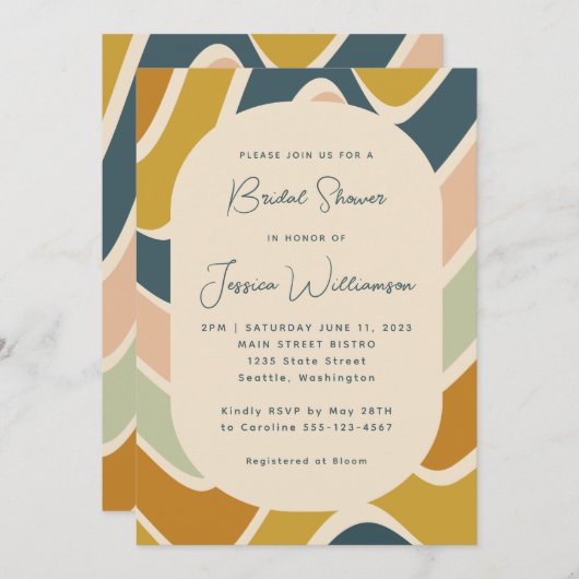 Retro Boho Abstrakt Wavy Pastel Aquamarines Brautp Einladung (Vorne/Hinten)