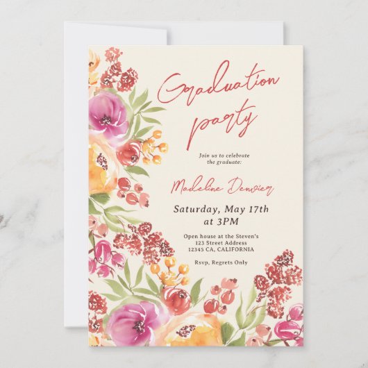 Retro Boho Aquarellblume 3 Fotos Abschluss Einladung (Vorderseite)