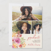 Retro Boho Aquarellblume 3 Fotos Abschluss Einladung (Rückseite)