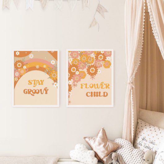 Retro boho bleibe Groovy Blume Kind Kinderzimmer Bilderwand Sets