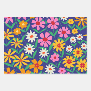 Retro-Boho-Blumen Garten auf Navyblau  Geschenkpapier Set