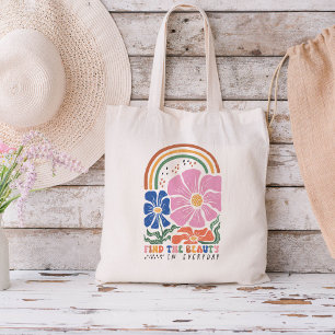 Retro-Boho-Blumen-Regenbogen-Inspirationszitat Tragetasche