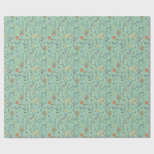 Retro Boho Blumengrün Geschenkpapier (Flach)