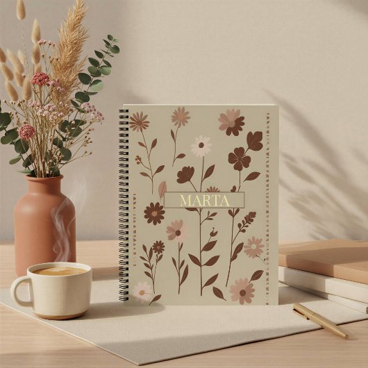 Retro Boho Blumenmuster mit individuellem Namen Notizblock