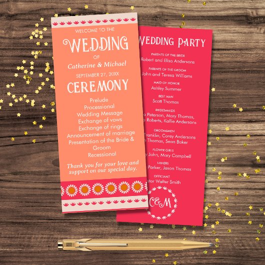 Retro Boho Blumenrosa und orange farbige Hochzeit Programm