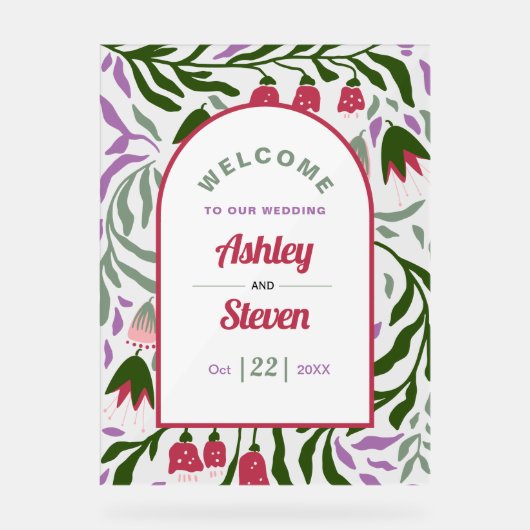 Retro-Boho-Bogen, Folklore-Blume willkommen Hochze Acrylschild (Vorderseite)